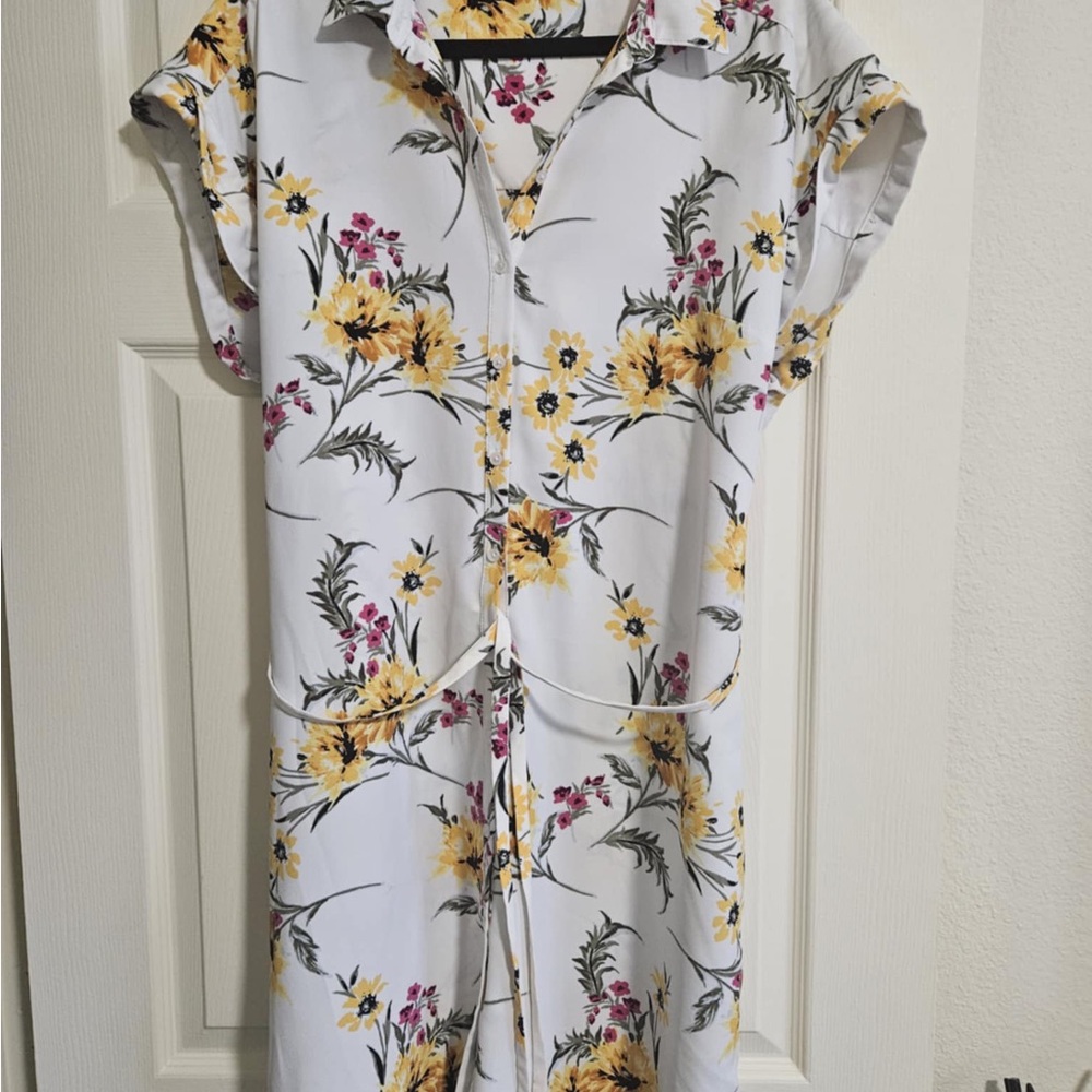 ExpressFloral Midi Dress - White with Yellow and Pink Accents